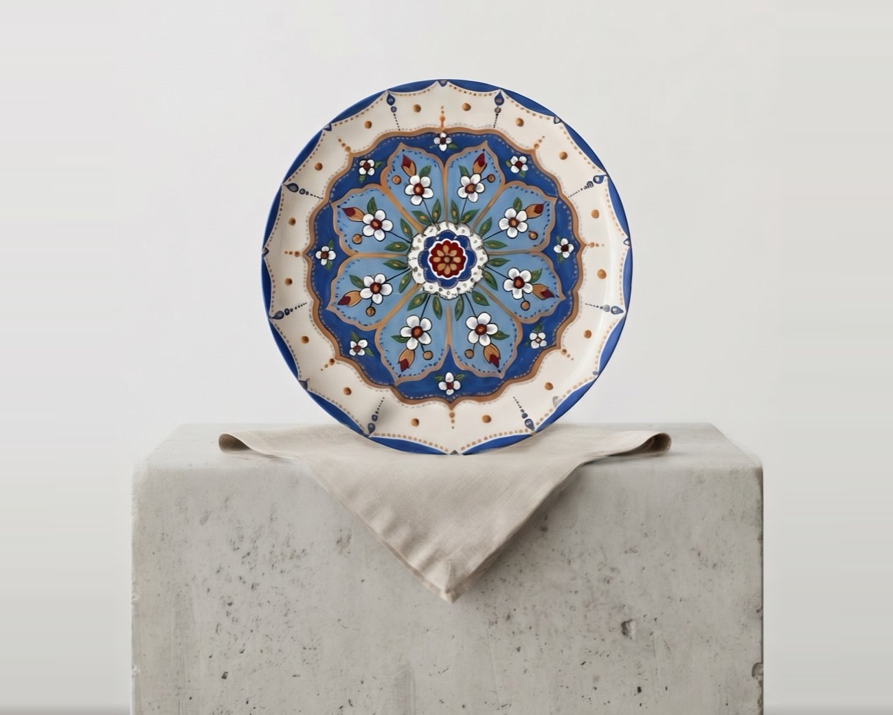 A hand-painted plate on a stone pedestal